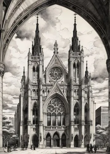 Gothic cathedral, Chicago cityscape, dark mysterious atmosphere, intricate stone carvings, grandiose entrance, pointed arches, ribbed vaults, flying buttresses, stained glass windows, ornate decoratio