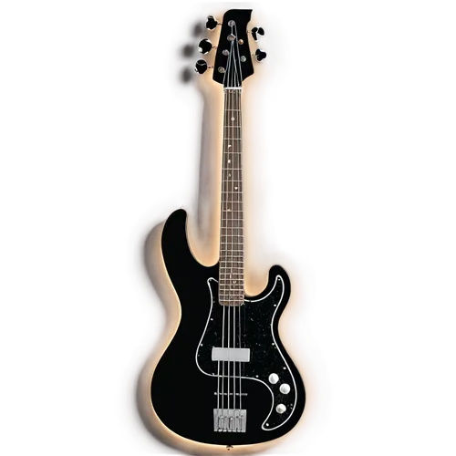 Bass guitar, electric instrument, black body, silver knobs, four strings, music notes, wooden neck, solo, spotlight, dark background, shallow depth of field, dramatic lighting, 3/4 composition, close-