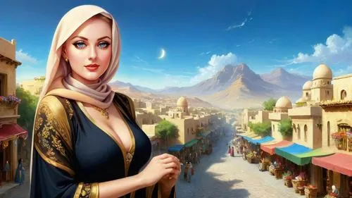 Romantic masterpiece oil painting, beautiful curvy busty woman portrait, curvy MILF, tight abaya dress, no cleavage, nostalgic 1950's style kitsch, breathtaking beautiful epic vast landscape, Persian 