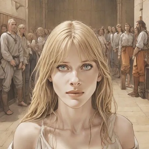 joan of arc,the girl's face,blond girl,fantasy portrait,the enchantress,jessamine,girl in a historic way,the magdalene,blonde woman,blonde girl,mystical portrait of a girl,priestess,the girl,pilgrim,portrait of christi,labyrinth,the blonde in the river,camelot,elven,hall of the fallen,Digital Art,Comic