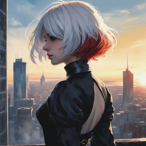 above the city,cityscape,overlooking,rooftop,rooftops,city ​​portrait,overlook,skydeck,atop,domino,on the roof,saiko,meteora,mercer,akane,motoko,dusk background,automata,rebiya,protagonist,Conceptual Art,Fantasy,Fantasy 32