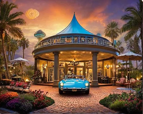 classic car and palm trees,car boutique,cayman,drive in restaurant,bugatti veyron,car dealer,car showroom,bugatti,valet,cabana,gaylord palms hotel,ac cobra,florida home,moon car,resort,porsche,gazebo,car salon,beach restaurant,wedding car,Illustration,Realistic Fantasy,Realistic Fantasy 40