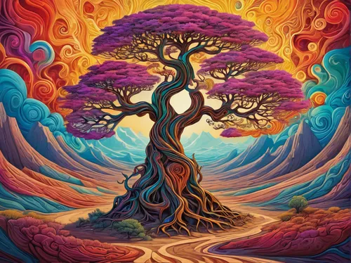 colorful tree of life,tree of life,flourishing tree,tangerine tree,magic tree,the branches of the tree,psychedelic art,mother earth,root chakra,celtic tree,mantra om,burning bush,earth chakra,connectedness,sacred fig,bodhi tree,painted tree,pachamama,tree and roots,global oneness,Illustration,Realistic Fantasy,Realistic Fantasy 39