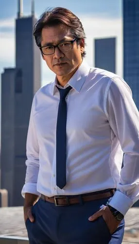 Middle-aged male architect, business casual attire, white shirt, dark blue trousers, black glasses, messy brown hair, confident facial expression, standing confidently with hands behind back, Chicago 