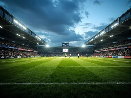 Stadium atmosphere, lush green grass, athletic tracks, sports equipment, goalposts, floodlights, LED lighting, warm color temperature, high-contrast ratio, dramatic shadows, dynamic movement, fast-pac