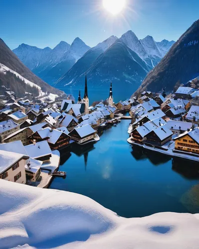 The Alpine town of Hallstatt, Austria, in winter, beautifully located by the lake,zermatt,alpine village,alpine region,arlberg,snowy landscape,snow landscape,ortler winter,the alps,winter village,aust