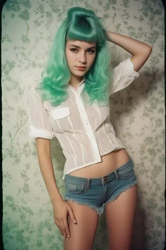 Pretty girl, mint hair,dahlia white-green,pixie-bob,pixie,watercolor pin up,retro pin up girl,vintage angel,blue mint,retro girl,turquoise,pinup girl,spearmint,mint blossom,menta,retro woman,green mer