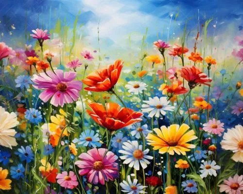 flower painting,blanket of flowers,flower meadow,flower background,flowering meadow,flower field,splendor of flowers,meadow flowers,field of flowers,sea of flowers,floral background,flowers field,meadow in pastel,summer meadow,springtime background,spring meadow,colorful flowers,flower art,blue daisies,wildflower meadow