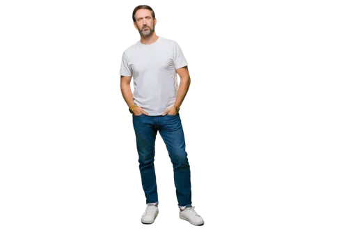 Middle-aged man, deep breath, serious expression, stubble beard, short brown hair, casual wear, white shirt, dark jeans, sneakers, hands on hips, relaxed posture, soft natural lighting, 3/4 compositio