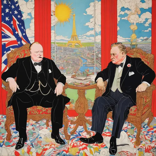 churchill and roosevelt,men sitting,wright brothers,murals,george ribbon,unites states,c m coolidge,twenties of the twentieth century,flags and pennants,jack roosevelt robinson,union flag,saurer-hess,albert einstein and niels bohr,deckchairs,popart,exchange of ideas,flag day (usa),patriotism,mural,the conference,Illustration,Abstract Fantasy,Abstract Fantasy 04