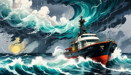 lifeboat,sea storm,pilot boat,poseidon,sea fantasy,rescue and salvage ship,fishing trawler,shipwreck,rogue wave,stormy sea,seafarer,fishing boat,naval trawler,convoy rescue ship,tugboat,at sea,rescue,fishing vessel,el mar,coast guard,Conceptual Art,Sci-Fi,Sci-Fi 24