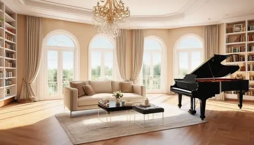 Modern villa, luxurious interior, spacious living room, floor-to-ceiling windows, grand piano, elegant chandelier, hardwood floors, cream-colored walls, comfortable sofa, coffee table, bookshelves fil