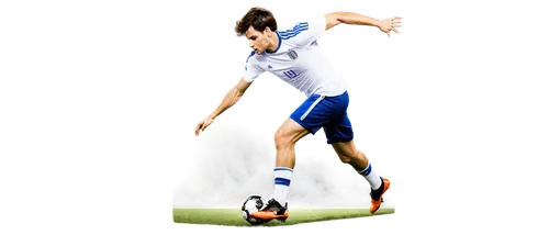 Soccer player, male, athletic build, messy short hair, sweaty face, intense gaze, muscular legs, white jersey, blue shorts, shin guards, soccer cleats, running, kicking ball, dynamic pose, stadium bac