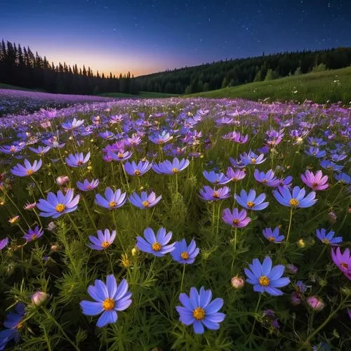 blue daisies,cosmos field,cosmos flowers,field of flowers,meadow flowers,flower field,Photography,General,Realistic