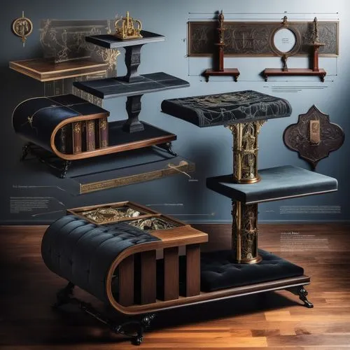 music instruments on table,steampunk gears,barbers chair,music chest,orchestrion,grand piano pedal board,Unique,Design,Infographics