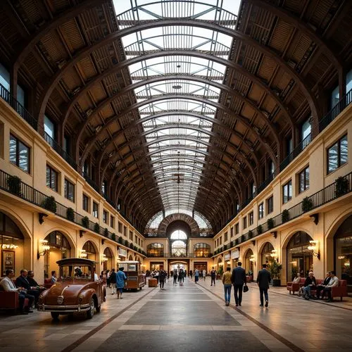 Grandiose train station, ornate metallic framework, curved lines, zigzag motifs, stepped silhouettes, luxurious materials, polished marble floors, intricate mosaics, geometric patterns, chrome accents