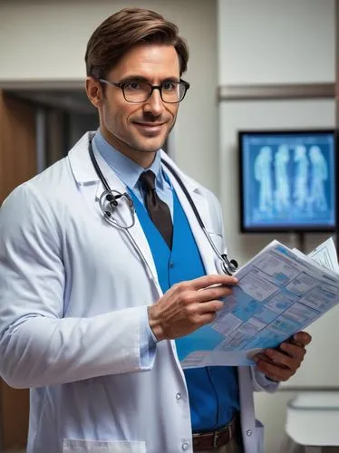 Male doctor, 30s, muscular build, short brown hair, glasses, gentle smile, white coat, blue shirt, black tie, stethoscope around neck, holding a medical chart, standing in a modern hospital, bright fl