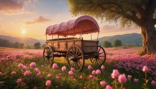 flower cart,flower car,covered wagon,wooden carriage,flower delivery,splendor of flowers,Photography,General,Cinematic