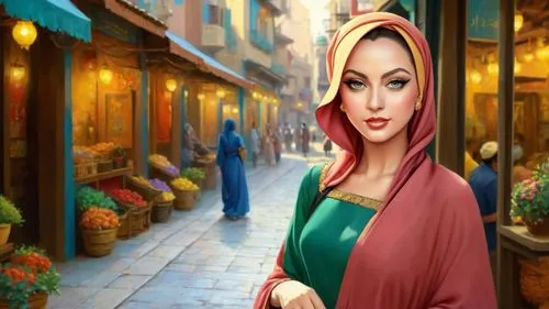 Romantic masterpiece oil painting, beautiful girl portrait, abaya dress, nostalgic 1950's style kitsch, breathtaking beautiful landscape, majestic scenery, Middle Eastern bazaar, Arabian marketplace, 