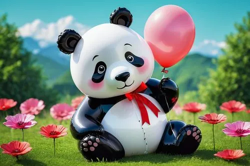 Cute panda bear balloon, white and black balloon texture, shiny surface, inflated body, tied with a red ribbon, sitting on a green grassy lawn, surrounded by blooming colorful flowers, warm sunny day,