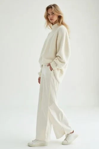 white clean background, studio lighting, a slim toned beautiful blonde model wearing an oversized white cozy elegant maxi sweater, a white elegant shirt, white knitted pants, white feminine sneakers, 