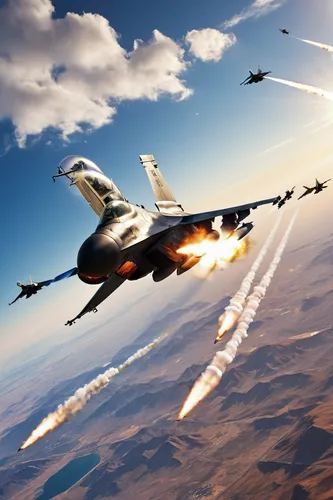 F-16 Fighting Falcon, Mig-29 Fulcrum, aerial dogfight, jet fighters, military aircraft, high-speed maneuver, afterburners, missile launch, machine gun fire, contrails, clear sky, dynamic clouds, reali