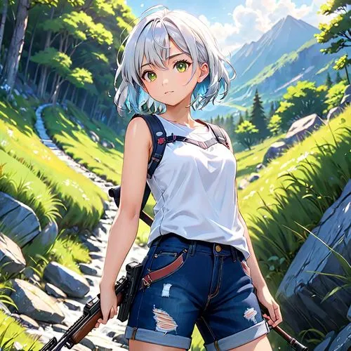 meteora,rei ayanami,summer background,forest background,hiking,mountain hiking,landscape background,aqua,farm background,ar-15,hike,sakura background,wiz,yuki nagato sos brigade,piko,mountain guide,spring background,kantai,tiber riven,jean shorts,Anime,Anime,Traditional