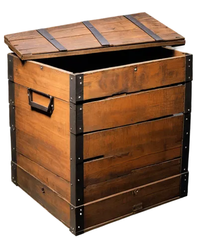 Old, wooden crate, rusty metal bands, worn-out surface, rough texture, brown color, partially opened lid, revealing dark interior, warm lighting, shallow depth of field, cinematic composition, 3/4 vie