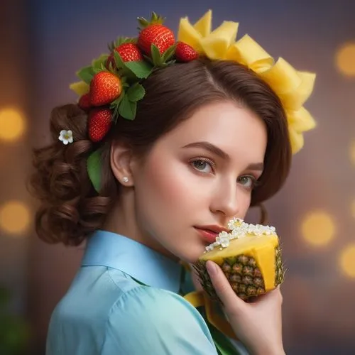 red strawberry,yellow pineapple, green leaves headdress, little white flower, smooth blue shirt, cake in hands, ark brown hair,curls,a girl is eating soing on her face,beautiful girl with flowers,woma