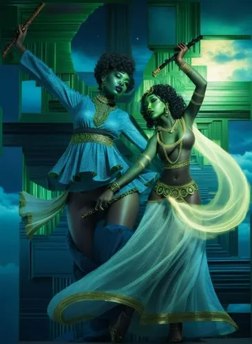 nude Beautiful nigerian girl, full dark curly hair, big green almond eyes, full black lips, misty sky,an abstract painting of two women performing belly dance,radhakrishna,harmonix,orishas,danse macab