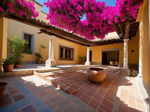 DISEÑO DE UNA CASA ESTILO MEXICANO MODERNO, CON UN CLAUSTRO CONFORMADO POR UNA TERRAZA  A BASE DE VIGAS DE MADERA, TEJA, COLUMNAS REDONDAS, EN EL CENTRO UN ESPEJO DE AGUA, CON EL ESTILO DE LA ARQUITEC