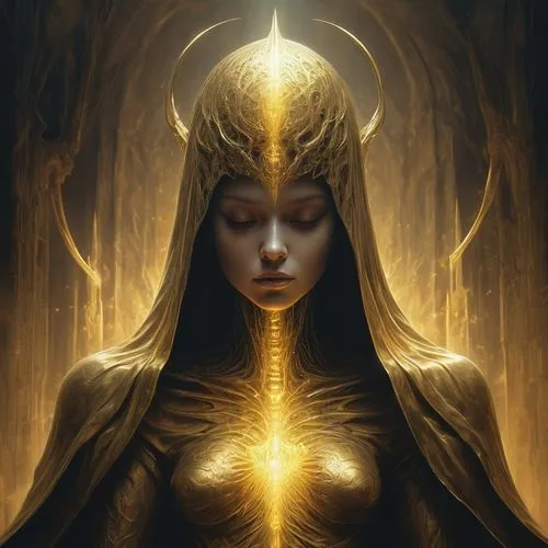 priestess,golden crown,sorceress,the enchantress,gold crown,fantasy portrait,light bearer,golden apple,golden candlestick,gold chalice,gold filigree,foil and gold,golden mask,mystical portrait of a girl,queen of the night,yellow-gold,golden scale,fantasy art,mary-gold,horn of amaltheia,Conceptual Art,Fantasy,Fantasy 01