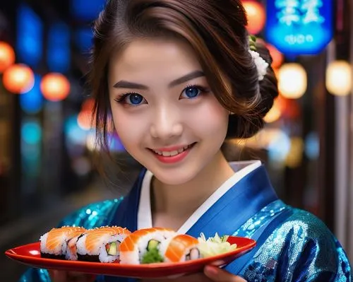 Sparkly, Japanese girl, 18yo, sweet smile, shiny brown hair, glittering blue eyes, elegant makeup, kimono, traditional Japanese clothing, obi, geta sandals, holding sparkly sushi plate, delicate finge