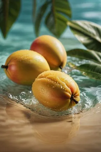 Photo of mangos and water, light, dreamy, light khaki background, gorgeous colors,sapodilla,indian almond,sapodilla family,mango,kelapa,tropical fruits,cocos nucifera,tropical fruit,saba banana,pears,