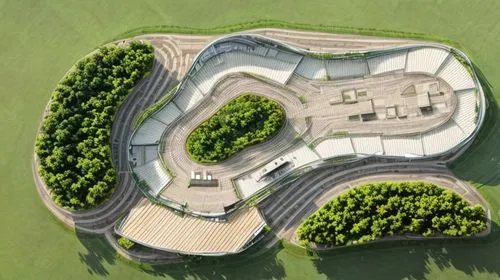 organic modern building top view plan surrounded by green space , cloudy sky, golden hour,nürburgring,oval forum,sewage treatment plant,race track,solar cell base,ski facility,raceway,monza,helipad,li