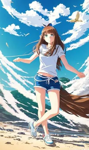 photography full body of a beautiful caucasian girl 23 years old, brown hair, blue eyes, wearing a blue t-shirt and a green shorts, brown shorts, stand up in the beach at sunset together to stone’s wa