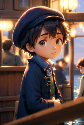 a fishermen boy,a child dressed in military clothing stands on the deck of a boat while people are watching,tadashi,katsuyuki,horikawa,gavroche,heiji,sousuke,Anime,Anime,Cartoon