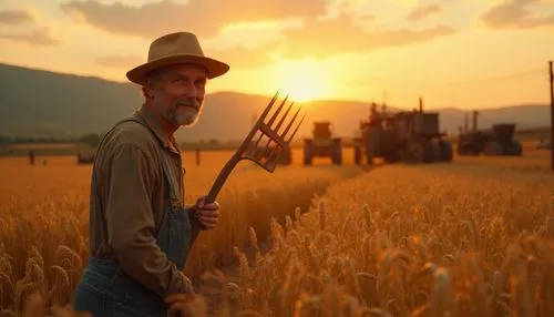 Rural farmland, golden wheat fields, sunset time, warm orange light, rolling hills, old wooden fences, rusty farm tools, vintage tractors, a solitary farmer, worn-out clothes, straw hat, overalls, wea