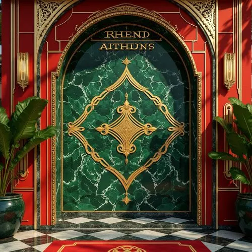 Luxurious Art Deco patterns, opulent golden accents, rich jewel tones, emerald green marble, vibrant crimson reds, metallic silvers, bold geometric shapes, ornate typography, lavish velvet fabrics, gl