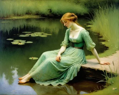 waterhouse,girl on the river,ophelia,the blonde in the river,girl in the garden,idyll,Art,Classical Oil Painting,Classical Oil Painting 44