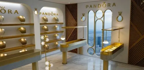 The jewelry area of ​​the Pandora Jewelry Company contains jewelry, and it also contains some jewelry. The interior design contains white and gold colors, the material is marble, the floors are in the