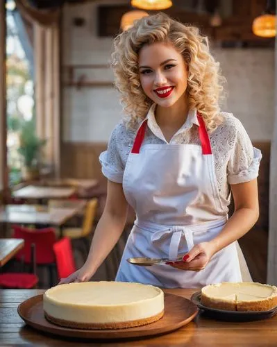 Sexy lady, cheesecake, bakery, sweet smile, bright eyes, curly blonde hair, light makeup, red lips, white apron, holding tray, standing, warm lighting, cozy atmosphere, wooden table, vintage decor, so