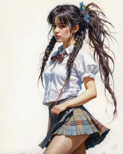 schoolgirl,school skirt,kantai collection sailor,bagpipe,little girl twirling,twirling,bagpipes,tartan,girl portrait,anime girl,tartan colors,school uniform,girl drawing,hair ribbon,pigtail,kilt,oriental girl,girl in a long,anime japanese clothing,sailor,Illustration,Realistic Fantasy,Realistic Fantasy 15