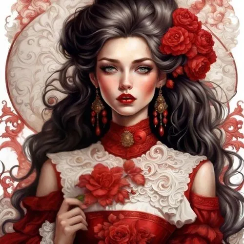 background,red rose,red roses,queen of hearts,geisha girl,red flower,red petals,rose flower illustration,lady in red,porcelain rose,geisha,oriental princess,rose white and red,red dahlia,with roses,re