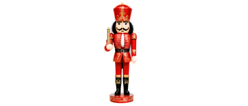 Nutcracker, Christmas decoration, wooden material, intricate carvings, red and gold colors, festive atmosphere, close-up shot, shallow depth of field, warm lighting, soft focus, ornate details, 3/4 co