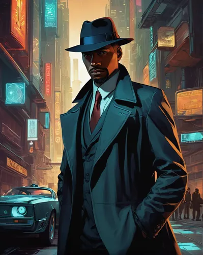 In a futuristic city, a detective investigates a series of mysterious crimes with Ciconia ciconia as the central clue.,black businessman,detective,spy,mafia,spy visual,a black man on a suit,spy-glass,