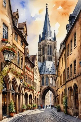 metz,bamberg,hildesheim germany,bayeux,bourges,aachen,rothenburg of the deaf,strasbourg,quedlinburg,erfurt,colmar,medieval street,dijon,rothenburg,joigny,rouen,allemagne,reims,medieval town,luxembourg,Illustration,Paper based,Paper Based 24