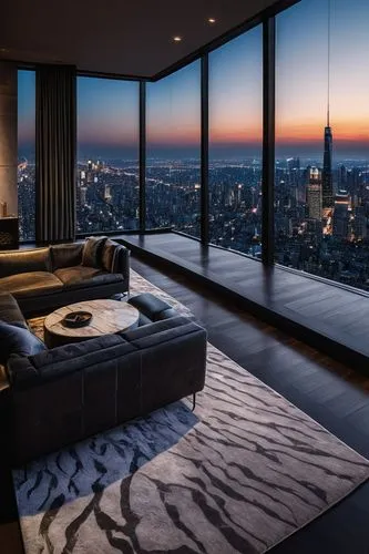 sky apartment,apartment lounge,penthouses,livingroom,living room,great room,modern living room,modern minimalist lounge,modern room,minotti,skyloft,luxe,above the city,modern decor,luxury property,condo,glass wall,luxury,overlooking,luxury real estate,Illustration,Realistic Fantasy,Realistic Fantasy 07