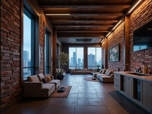 loft,penthouses,lofts,apartment lounge,livingroom,living room,contemporary decor,sky apartment,clubroom,apartment,block balcony,hardwood floors,home interior,brickwork,roof terrace,an apartment,redbrick,wooden beams,great room,bonus room