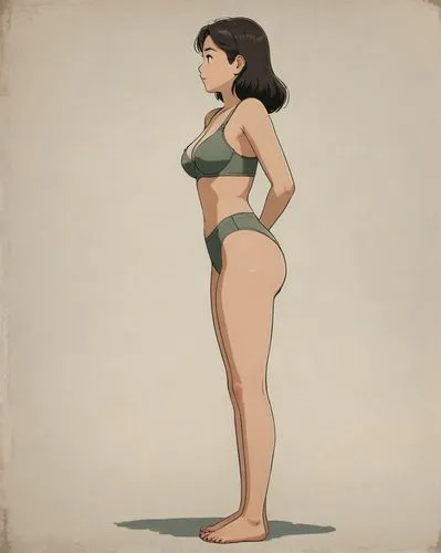 Studio Ghibli wwii nose art style, beautiful teen girl posing in a provacative manner wearing only her bra and hiding her exposed buttocks, barefoot, ,fleischer,tiana,jasmine,liposuction,female body,e